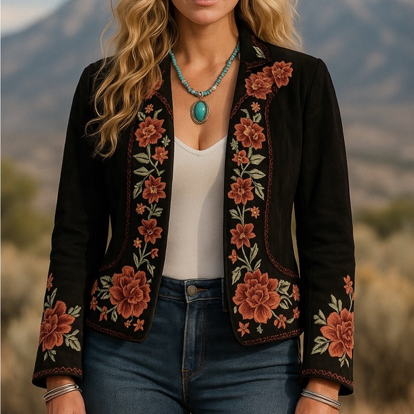 Double D Ranch Jackets & Blazers - Double D Ranch Twila Black Suede/LeatherJacket with Red Floral Embroidery